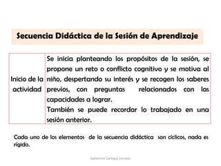 Secuencia Didáctica de la Sesión de Aprendizaje
Inicio de la
actividad
Se inicia planteando los propósitos de la sesión, se
propone un reto o conflicto cognitivo y se motiva al
niño, despertando su interés y se recogen los saberes
previos, con preguntas relacionados con las
capacidades a lograr.
También se puede recordar lo trabajado en una
sesión anterior.
Cada uno de los elementos de la secuencia didáctica son cíclicos, nada es
rígido.
Katherine Carbajal Cornejo
 