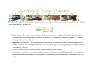 Indicadores de Evaluación: Distinguen entre imagen y texto escrito; Indican qué mensaje transmite un texto familiar; por ejemplo, 
“salida de emergencia”, “no fumar”, etc. 
MOMENTOS DE LA CLASE 
1. Inicio: El guía realiza una motivación con tarjetas fónicas para que observen y manipulen. 1. Elabora las preguntas explicitas: 
¿qué observan en la tarjeta que tienen en sus manos? Se les solicita a los educando que representen con sonidos y/o mímica la 
imagen que tienen y señalen el nombre. 
2. Desarrollo: El docente invita a los estudiantes a realizar una caminata por la escuela, para observar la señalética existente en 
ella. Les pregunta en cada lugar donde se detienen que descubran alguna: ¿Qué creen que significa? ¿Cómo se deben comportar 
frente a aquella señalética? 
o Solicitar que entren al aula y observan letreros de señaléticas estratégicamente ubicadas. 
o Los estudiantes se conforman en dos grupos donde deberán expresar lo que creen que significa para luego mediante acciones o 
representaciones las diferentes señales que se les presente. El guía observa mientras los estudiantes se corrigen de lo que han 
errado. 
 