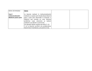 Cierre: (15 minutos)
Fase 4
institucionalización:
Mediante power point
Cierre:
La docente realizará la institucionalización
mediante un power point donde desarrollará el
paso a paso para desarrollar la situación a-
didáctica que consiste en crear distintos
problemas cuyas soluciones se realicen
mediante una adición o sustracción.
Por ejemplo habrán tarjetas que dirán 5 + 6=
Y en la docente escribirá una problemática,
Daniel tiene 5 bombones y encuentra 6 más.
 