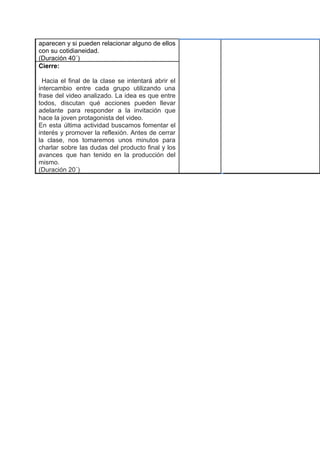 aparecen y si pueden relacionar alguno de ellos
con su cotidianeidad.
(Duración 40´)
Cierre:
Hacia el final de la clase se intentará abrir el
intercambio entre cada grupo utilizando una
frase del video analizado. La idea es que entre
todos, discutan qué acciones pueden llevar
adelante para responder a la invitación que
hace la joven protagonista del video.
En esta última actividad buscamos fomentar el
interés y promover la reflexión. Antes de cerrar
la clase, nos tomaremos unos minutos para
charlar sobre las dudas del producto final y los
avances que han tenido en la producción del
mismo.
(Duración 20´)
 