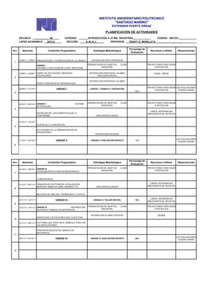 INSTITUTO UNIVERSITARIO POLITECNICO
                                                                                           "SANTIAGO MARIÑO"
                                                                                              EXTENSION PUERTO ORDAZ

                                                                                         PLANIFICACIÓN DE ACTIVIDADES
       ESCUELA: _ __________ 45 _ ___                CATEDRA: _______INTRODUCCIÓN A LA ING. INDUSTRIAL_____________                    CODIGO: 4501221_____________________-_____
       LAPSO ACADEMICO: __2010-II_____                 SECCIÓN: ____ A, M, N, L    ___      PROFESOR: __ EDIHTT D. MORILLO G. _____________________ ____________


                                                                                                               Porcentaje de
Sem.      Sesiones                    Contenido Programatico                 Estrategia Metodológica                             Recursos a Utilizar       Observaciones
                                                                                                                Evaluación


       12/09/11 -17/09/11 PRESENTACIÓN Y PLANIFICACIÓN DE LA UNIDAD I.      EXPOSICIÓN POR ELPROFESOR
 1
                            UNIDAD I.                                    PRESENTACIÓN DE OBJETIVO      CLASE                   PROYECTORES VIDEO BEAM
                            HISTORIA Y EVOLUCION DE LA ING. INDUSTRIAL              MAGISTRAL                                       O ROTAFILIOS


       19/09/11 -23/09/11 CAMPO DE APLICACIÓN Y MERCADO                   INTERACCIÓN PROFESOR / ALUMNO                             GUIAS, LIBROS
                          OCUPACIONAL                                           DISCUSIÓN GRUPAL
 2
                                                                          INTERACCIÓN PROFESOR / ALUMNO
                            PERFILY PREVISIÓN DE PERSONALIDAD

                                                                                                                               PROYECTORES VIDEO BEAM LAS EVALUACIONES
       26/09/11 -01/10/11                    UNIDAD I.                     UNIDAD I. TRABAJO Y EXPOSICIÓN
                                                                                                                                    O ROTAFILIOS        PUEDEN VARIAR
                                                                                                                   20%
 3



                                                                         PRESENTACIÓN DE OBJETIVO      CLASE                   PROYECTORES VIDEO BEAM
       03/10/11 -08/10/11 UNIDAD II                            SISTEMA
                          DE PROCCIÓN                                               MAGISTRAL                                       O ROTAFILIOS
 4
                                                                                                                                 LIBROS, REFERENCIAS
                            DEFINICIÓN DE LOS ELEMENTOS QUE LO                                                                 BIBLIOGRAFICAS, REVISTAS
                            CONFORMAN                                           DISCUSIÓN EN GRUPO


       10/10/11 -15/10/11
                            ETAPAS DE LA CONCEPCIÓN
 5
                            ACTIVIDADES DE LA ADMINISTRACIÓN DE
                            OPERACIONES
                                                                               INTERACCIÓN IDIVIDUAL

                                                                                                                                                          LAS EVALUACIONES
       17/10/11 -22/10/11                    UNIDAD II.                    UNIDAD II. EVALUACIÓN ESCRITA           10%
                                                                                                                                                            PUEDEN VARIAR
 6




                                                                                                               Porcentaje de
Sem.      Sesiones                    Contenido Programatico                 Estrategia Metodologica                             Recursos a Utilizar       Observaciones
                                                                                                                Evaluación
                                                                         PRESENTACIÓN DE OBJETIVO      CLASE                   PROYECTORES VIDEO BEAM
       24/10/11 -29/10/11 UNIDAD III.
                          LOCALIZACIÓN DE PLANTAS INDUSTRIALES                      MAGISTRAL                                       O ROTAFILIOS
 7

                            E IMPORTANCIA

                                                                                                                                 LIBROS, REFERENCIAS
       31/10/11 -05/11/11 PRINCIPALES FACTORESDE LOCALIZACIÓN,
                          MERCADO, MANO DE OBRA, ENERGIA, ETC.                  DISCUSIÓN EN GRUPO                             BIBLIOGRAFICAS, REVISTAS
 8

                            METODOS DE ANÁLISIS, TRANSPORTE Y COSTOS

                                                                                                                                 LIBROS, REFERENCIAS
       07/11/11 -12/11/11                   UNIDAD III.                      UNIDAD III. TALLER GRUPAL             10%
                                                                                                                               BIBLIOGRAFICAS, REVISTAS
 9
                                                                         PRESENTACIÓN DE OBJETIVO      CLASE                   PROYECTORES VIDEO BEAM
       14/11/11 -19/11/11 UNIDAD IV.                   DISTRIBUCIÓN
                          EN PLANTA Y MANEJO DE MATERIALES                          MAGISTRAL                                       O ROTAFILIOS


                                                                           INTERACCÓN ALUMNO DOCENTE                                   GUIAS
                            IDENTIFICAR LOS FACTORES QUE LA AFECTAN
10
       21/11/11 -26/11/11 FACTORES QUE AFECTAN EL ARREGLO FISICO DE
                          LAS INSTALACIONES

                            PRINCIPIOS BASICOS DEL MANEJO DE
                            MATERIALES
11
                                                                                                                                                          LAS EVALUACIONES
       28/11/11 -03/12/11                   UNIDAD IV.                     UNIDAD IV. EVALUACIÓN ESCRITA           20%
                                                                                                                                                            PUEDEN VARIAR




12
 