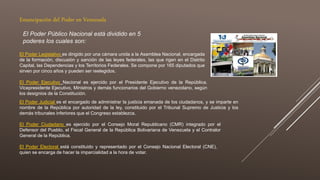 Emancipación del Poder en Venezuela
El Poder Público Nacional está dividido en 5
poderes los cuales son:
El Poder Legislativo es dirigido por una cámara unida a la Asamblea Nacional, encargada
de la formación, discusión y sanción de las leyes federales, las que rigen en el Distrito
Capital, las Dependencias y los Territorios Federales. Se compone por 165 diputados que
sirven por cinco años y pueden ser reelegidos.
El Poder Ejecutivo Nacional es ejercido por el Presidente Ejecutivo de la República,
Vicepresidente Ejecutivo, Ministros y demás funcionarios del Gobierno venezolano, según
los designios de la Constitución.
El Poder Judicial es el encargado de administrar la justicia emanada de los ciudadanos, y se imparte en
nombre de la República por autoridad de la ley, constituido por el Tribunal Supremo de Justicia y los
demás tribunales inferiores que el Congreso establezca.
El Poder Ciudadano es ejercido por el Consejo Moral Republicano (CMR) integrado por el
Defensor del Pueblo, el Fiscal General de la República Bolivariana de Venezuela y el Contralor
General de la República.
El Poder Electoral está constituido y representado por el Consejo Nacional Electoral (CNE),
quien se encarga de hacer la imparcialidad a la hora de votar.
 