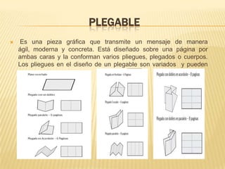 PLEGABLE
    Es una pieza gráfica que transmite un mensaje de manera
    ágil, moderna y concreta. Está diseñado sobre una página por
    ambas caras y la conforman varios pliegues, plegados o cuerpos.
    Los pliegues en el diseño de un plegable son variados y pueden
    ser:
 