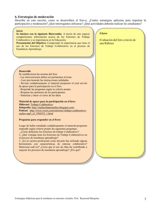 Estrategias didácticas para la enseñanza en entornos virtuales. Prof. Raymond Marquina 3
6. Estrategias de moderación
Describe en esta sección, como se desarrollara el foro-e, ¿Cuales estrategias aplicaras para impulsar la
participación y moderación? ¿Qué interrogantes utilizaras? ¿Qué actividades deberán realizar los estudiantes?
Inicio
Se iniciara con la siguiente Bienvenida: A través de este espacio
compartiremos información acerca de los Entornos de Trabajo
Colaborativo y su importancia en la Educación.
Presentación del Objetivo: Comprender la importancia que tiene el
uso de los Entornos de Trabajo Colaborativo en el proceso de
Enseñanza-Aprendizaje.
Desarrollo
Se establecieron las normas del foro:
- Las intervenciones deben ser pertinentes al tema.
- Leer previamente las instrucciones señaladas.
- Revisar cuidadosamente el material propuesto el cual servirá
de apoyo para la participación en el foro.
- Responde las preguntas según tu criterio propio.
- Respetar las opiniones de los participantes.
- Sintetizar y hacer el cierre de las ideas
Material de apoyo para la participación en el foro:
Slidecast: Trabajo Colaborativo
Infografía: http://medioshipermedios.blogspot.com/
Podcast : http://www.ivoox.com/entornos-trabajo-colaborativo-
audios-mp3_rf_1584353_1.html
Preguntas para responder en el Foro:
Luego de haber estudiado cuidadosamente el material propuesto
responde según criterio propio las siguientes preguntas:
. ¿Cómo definirías los Entornos de trabajo Colaborativo?
2. ¿Qué ventajas tiene los Entornos de Trabajo Colaborativos en
el proceso de enseñanza aprendizaje?
3. ¿En tu carrera profesional como docente has utilizado alguna
herramienta con características de entorno colaborativo?
Menciona cuál (s)? ¿Crees que el uso de ellas ha contribuido a
mejorar los procesos de enseñanza aprendizaje? ¿Por qué?
Cierre
Evaluación del foro a través de
una Rúbrica
 