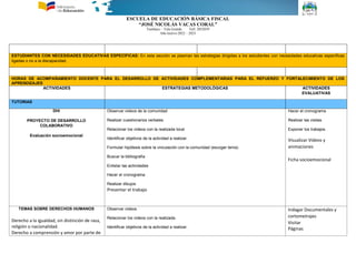 ESCUELA DE EDUCACIÓN BÁSICA FISCAL
“JOSÉ NICOLÁS VACAS CORAL”
Tumbaco – Tola Grande Telf. 2052039
Año lectivo 2022 – 2023
ESTUDIANTES CON NECESIDADES EDUCATIVAS ESPECÍFICAS: En esta sección se plasman las estrategias dirigidas a los estudiantes con necesidades educativas específicas
ligadas o no a la discapacidad.
HORAS DE ACOMPAÑAMIENTO DOCENTE PARA EL DESARROLLO DE ACTIVIDADES COMPLEMENTARIAS PARA EL REFUERZO Y FORTALECIMIENTO DE LOS
APRENDIZAJES
ACTIVIDADES ESTRATEGIAS METODOLÓGICAS ACTIVIDADES
EVALUATIVAS
TUTORIAS
DHI
PROYECTO DE DESARROLLO
COLABORATIVO
Evaluación socioemocional
Observar videos de la comunidad
Realizar cuestionarios verbales
Relacionar los videos con la realizada local
Identificar objetivos de la actividad a realizar.
Formular hipótesis sobre la vinculación con la comunidad (escoger tema)
Buscar la bibliografía
Enlistar las actividades
Hacer el cronograma
Realizar dibujos
Presentar el trabajo
Hacer el cronograma
Realizar las visitas
Exponer los trabajos.
Visualizar Vídeos y
animaciones
Ficha socioemocional
TEMAS SOBRE DERECHOS HUMANOS
Derecho a la igualdad, sin distinción de raza,
religión o nacionalidad.
Derecho a comprensión y amor por parte de
Observar videos
Relacionar los videos con la realizada.
Identificar objetivos de la actividad a realizar.
Indagar Documentales y
cortometrajes
Visitar
Páginas
 