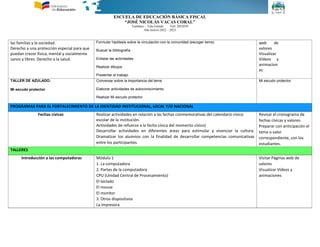 ESCUELA DE EDUCACIÓN BÁSICA FISCAL
“JOSÉ NICOLÁS VACAS CORAL”
Tumbaco – Tola Grande Telf. 2052039
Año lectivo 2022 – 2023
las familias y la sociedad.
Derecho a una protección especial para que
puedan crecer física, mental y socialmente
sanos y libres. Derecho a la salud.
Formular hipótesis sobre la vinculación con la comunidad (escoger tema)
Buscar la bibliografía
Enlistar las actividades
Realizar dibujos
Presentar el trabajo.
web de
valores
Visualizar
Vídeos y
animacion
es
TALLER DE AZULADO:
Mi escudo protector
Conversar sobre la importancia del tema
Elaborar actividades de autoconocimiento
Realizar Mi escudo protector
Mi escudo protector
PROGRAMAS PARA EL FORTALECIMIENTO DE LA IDENTIDAD INSTITUCIONAL, LOCAL Y/O NACIONAL
Fechas cívicas Realizar actividades en relación a las fechas conmemorativas del calendario cívico
escolar de la institución.
Actividades de refuerzo a la fecha cívica del momento cívico)
Desarrollar actividades en diferentes áreas para estimular y vivenciar la cultura.
Dramatizar los alumnos con la finalidad de desarrollar competencias comunicativas
entre los participantes.
Revisar el cronograma de
fechas cívicas y valores.
Preparar con anticipación el
tema o valor
correspondiente, con los
estudiantes.
TALLERES
Introducción a las computadoras Módulo 1
1. La computadora
2. Partes de la computadora
CPU (Unidad Central de Procesamiento)
El teclado
El mouse
El monitor
3. Otros dispositivos
La impresora
Visitar Páginas web de
valores
Visualizar Vídeos y
animaciones
 