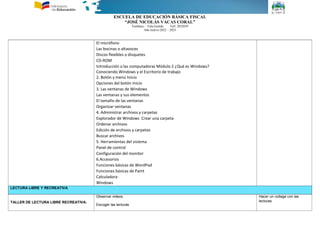 ESCUELA DE EDUCACIÓN BÁSICA FISCAL
“JOSÉ NICOLÁS VACAS CORAL”
Tumbaco – Tola Grande Telf. 2052039
Año lectivo 2022 – 2023
El micrófono
Las bocinas o altavoces
Discos flexibles o disquetes
CD-ROM
Introducción a las computadoras Módulo 2 ¿Qué es Windows?
Conociendo Windows y el Escritorio de trabajo
2. Botón y menú Inicio
Opciones del botón Inicio
3. Las ventanas de Windows
Las ventanas y sus elementos
El tamaño de las ventanas
Organizar ventanas
4. Administrar archivos y carpetas
Explorador de Windows Crear una carpeta
Ordenar archivos
Edición de archivos y carpetas
Buscar archivos
5. Herramientas del sistema
Panel de control
Configuración del monitor
6.Accesorios
Funciones básicas de WordPad
Funciones básicas de Paint
Calculadora
Windows
LECTURA LIBRE Y RECREATIVA
TALLER DE LECTURA LIBRE RECREATIVA:
Observar videos
Escoger las lecturas
Hacer un collage con las
lecturas
 