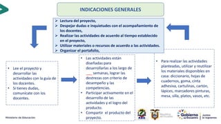 INDICACIONES GENERALES
• Lee el proyecto y
desarrollar las
actividades con la guía de
los docentes.
• Si tienes dudas,
comunícate con los
docentes.
• Las actividades están
diseñadas para
desarrollarlas a los largo de
___ semanas, lograr las
destrezas con criterio de
desempeño y las
competencias.
• Participar activamente en el
desarrollo de las
actividades y el logro del
producto.
• Compartir el producto del
proyecto.
• Para realizar las actividades
planteadas, utilizar y reutilizar
los materiales disponibles en
casa: diccionario, hojas de
cuadernos, goma, cinta
adhesiva, cartulinas, cartón,
lápices, marcadores pinturas,
mesa, silla, platos, vasos, etc.
 Lectura del proyecto,
 Despejar dudas e inquietudes con el acompañamiento de
los docentes,
 Realizar las actividades de acuerdo al tiempo establecido
en el proyecto,
 Utilizar materiales o recursos de acuerdo a las actividades.
 Organizar el portafolio,
 