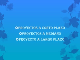 Proyectos a corto plazo
 Proyectos a Mediano
Proyecto a largo plazo
 