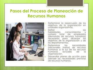Una cuidadosa atención a cada factor ayudará a los altos funcionarios y supervisores a satisfacer sus requerimientos de personal.Pasos del Proceso de Planeación de Recursos HumanosDeterminar la repercusión de los objetivos de la organización en unidades organizativas.Definir las habilidades, conocimientos y número total de empleados (demanda de recursos humanos) necesarios para alcanzar los objetivos de la organización y de los departamentos.Determinar las necesidades adicionales (netas) de recursos humanos a la luz de los recursos humanos actuales de la organización.Desarrollar planes de acción para atender las necesidades previstas de recursos humanos.