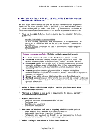 PLANIFICACION Y FORMULACIÓN DESDE EL ENFOQUE DE GÉNERO
ANÁLISIS ACCESO Y CONTROL DE RECURSOS Y BENEFICIOS QUE
GENERARÁ EL PROYECTO:
En esta etapa identificaremos los tipos de recursos y beneficios que el proyecto
necesitará, con cuales contamos, cuales se generarán, y quien disfrutará de su acceso
y control (desagregando por sexo, clase, edad...), y formularemos indicadores de
seguimiento que nos permitan ir evaluándolo a lo largo de la ejecución de las acciones:
٧ Tipos de recursos: Debemos tener en cuenta que los recursos y beneficios
pueden ser:
. Medibles cualitativa y /o cuantitativamente
. De larga duración (contribuyen a la sostenibilidad, el empoderamiento y el
cambio en la calidad de vida de las personas: recursos, conocimientos,
capacidades...
. De corta duración (concluyen una vez se consumieron: acceso temporal a
algún servicio)
٧ Quien se beneficiará (hombres, mujeres, distintos grupos de edad, etnia,
grupos socioeconómicos...)
٧ Técnicas y métodos a usar para el seguimiento del acceso, control y
mantenimiento de los beneficios
٧ Fuentes de información:
. Datos que el proyecto genera desagregados por sexo
. Estudios de caso
. Diagnósticos de seguimiento
. Evaluaciones participativas
٧ Efectos de los beneficios en la vida de mujeres y hombres. Algunos ejemplos:
. Mayor acceso y control sobre los recursos de la producción
. Mejor gestión de las tareas (productivas, domésticas...)
. Participación con capacidad de decisión en las organizaciones de base,
locales, instancias políticas y en los proyectos y programas
٧ Definir Estrategias para mejorar el análisis de los beneficios
Tipos de recursos y beneficios (Medibles cualitativa y cuantitativamente)
Sociales: redes de autoayuda, canales de información, servicios públicos...
Personales: autoestima, confianza, dignidad social, capacidad de acción, para
expresar intereses propios en ámbitos privado y público, credibilidad, liderazgo...
Económicos: trabajo, tierra, crédito, dinero en efectivo, equipamiento, alimentos,
transporte, facilidades para el cuidado de los niños y niñas, para realizar tareas
domésticas, seguridad social, seguro sanitario, vivienda, servicios de salud y
saneamiento..
Políticos: posiciones de liderazgo y movilización de personas en cargos de
responsabilidad, oportunidades de comunicación, acceso a la información, negociación,
búsqueda de consensos...
Tiempo: horas del día o épocas del año disponibles, ocio, flexibilidad horaria...
Movilidad: grado de limitación del movimiento físico impuesto por normas y costumbres
Información, educación: educación formal e informal, oportunidades para intercambiar
opiniones e información
Página 10 de 15
 