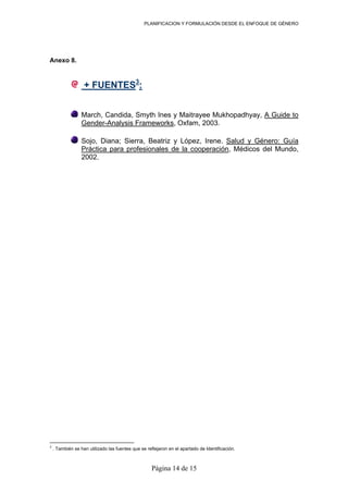 PLANIFICACION Y FORMULACIÓN DESDE EL ENFOQUE DE GÉNERO
Anexo 8.
+ FUENTES3
:
March, Candida, Smyth Ines y Maitrayee Mukhopadhyay, A Guide to
Gender-Analysis Frameworks, Oxfam, 2003.
Sojo, Diana; Sierra, Beatriz y López, Irene. Salud y Género: Guía
Práctica para profesionales de la cooperación, Médicos del Mundo,
2002.
3
. También se han utilizado las fuentes que se reflejaron en el apartado de Identificación.
Página 14 de 15
 