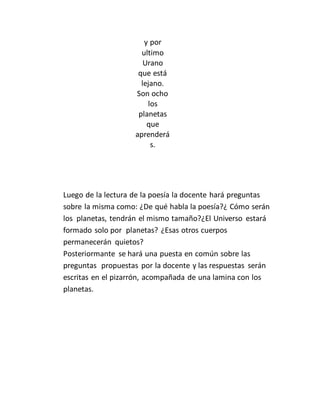 y por
ultimo
Urano
que está
lejano.
Son ocho
los
planetas
que
aprenderá
s.
Luego de la lectura de la poesía la docente hará preguntas
sobre la misma como: ¿De qué habla la poesía?¿ Cómo serán
los planetas, tendrán el mismo tamaño?¿El Universo estará
formado solo por planetas? ¿Esas otros cuerpos
permanecerán quietos?
Posteriormante se hará una puesta en común sobre las
preguntas propuestas por la docente y las respuestas serán
escritas en el pizarrón, acompañada de una lamina con los
planetas.
 