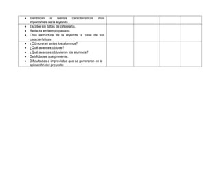 • Identifican al leerlas características más
importantes de la leyenda.
• Escribe sin faltas de ortografía.
• Redacta en tiempo pasado.
• Crea estructura de la leyenda, a base de sus
características
• ¿Cómo eran antes los alumnos?
• ¿Qué avances obtuve?
• ¿Qué avances obtuvieron los alumnos?
• Debilidades que presente.
• Dificultades e imprevistos que se generaron en la
aplicación del proyecto
 