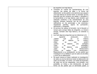 les repartirá una hoja blanca.
• Tomando en cuenta las características de una
leyenda, las partes de ellas y la forma de
elaboración, se les pedirá a los alumnos que saquen
una hoja blanca en donde harán un borrador de las
leyendas que les contaron sus papás, o abuelitos y
la transcribirán a la hoja blanca, pero tendrán que
realizarla conforme a las características de una
leyenda, también haciendo uso de los adjetivos
calificativos en los personajes y las oraciones,
respetando párrafos, signos de puntuación,
admiración, y ortografía.
• Al terminar de realizar el borrador, me lo llevarán a
revisar para corregir faltas de ortografía, y sí tienen
errores, tomarán otra hoja blanca y la volverán a
escribir.
• Les haré algunas preguntas que se relacionan a la
• siguiente producción, como:
¿Saben qué es un índice?
¿Cómo se elabora un índice?
¿Qué es una porta?
¿Cómo se elabora una portada?
¿Qué es una portadilla?
¿Cómo se elabora una portadilla?
¿Qué es la introducción?
¿Cómo se realiza una introducción?
Dependiendo a su contestación, se les pedirá que
investiguen en su tableta lo que es cada una de ellas
y como es su elaboración.
• De igual manera al haber realizado la investigación
de cada uno de los términos harán la elaboración de
cada una de ellas. Un índice, con todas las leyendas
de cada uno de los integrantes, una portada, una
portadilla, un índice y una introducción, de igual
forma se les pedirá que al terminarla pasen a
 