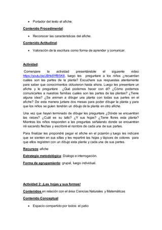  Portador del texto el afiche.
Contenido Procedimental:
 Reconocer las características del afiche.
Contenido Actitudinal:
 Valoración de la escritura como forma de aprender y comunicar.
Actividad:
Comenzare la actividad presentándole el siguiente video
https://youtu.be/JBhk8YfB5K8, luego les preguntare a los niños ¿recuerdan
cuáles son las partes de la planta? Escuchare sus respuestas atentamente
para saber que conocimientos obtuvieron hasta ahora. Luego les presentare un
afiche y le preguntare ¿Qué podemos hacer con él? ¿Cómo podemos
comunicarles a nuestras familias cuales son las partes de las plantas? ¿Tiene
alguna idea? ¿Se animan a dibujar una planta con todas sus partes en el
afiche? De esta manera juntare dos mesas para poder dibujar la planta y para
que los niños se guíen tendrán un dibujo de la planta en otro afiche.
Una vez que hayan terminado de dibujar les preguntare ¿Dónde se encuentran
las raíces? ¿Cuál es su tallo? ¿Y sus hojas? ¿Tiene flores esta planta?
Mientras los niños responden a las preguntas señalando donde se encuentran
iré sacando flechas y escribiré el nombre de cada una de sus partes.
Para finalizar les propondré pegar el afiche en el pizarrón y luego les indicare
que se sienten en sus sillas y les repartiré las hojas y lápices de colores para
que ellos registren con un dibujo esta planta y cada una de sus partes.
Recursos: afiche
Estrategia metodológica: Dialogo e interrogación.
Forma de agrupamiento: grupal, luego individual.
Actividad 2: ¡Las hojas y sus formas!
Contenidos en relación con el área Ciencias Naturales y Matemáticas
Contenido Conceptual
 Espacio compartido por todos: el patio
 