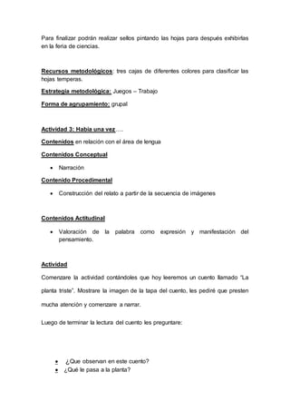 Para finalizar podrán realizar sellos pintando las hojas para después exhibirlas
en la feria de ciencias.
Recursos metodológicos: tres cajas de diferentes colores para clasificar las
hojas temperas.
Estrategia metodológica: Juegos – Trabajo
Forma de agrupamiento: grupal
Actividad 3: Había una vez….
Contenidos en relación con el área de lengua
Contenidos Conceptual
 Narración
Contenido Procedimental
 Construcción del relato a partir de la secuencia de imágenes
Contenidos Actitudinal
 Valoración de la palabra como expresión y manifestación del
pensamiento.
Actividad
Comenzare la actividad contándoles que hoy leeremos un cuento llamado “La
planta triste”. Mostrare la imagen de la tapa del cuento, les pediré que presten
mucha atención y comenzare a narrar.
Luego de terminar la lectura del cuento les preguntare:
 ¿Que observan en este cuento?
 ¿Qué le pasa a la planta?
 