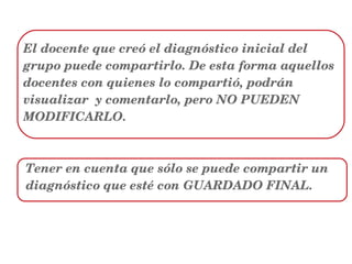  
El docente que creó el diagnóstico inicial del 
grupo puede compartirlo. De esta forma aquellos 
docentes con quienes lo compartió, podrán 
visualizar  y comentarlo, pero NO PUEDEN 
MODIFICARLO.
  
    Tener en cuenta que sólo se puede compartir un
    diagnóstico que esté con GUARDADO FINAL.  
       
     
 