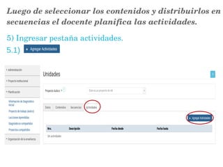 Luego de seleccionar los contenidos y distribuirlos en
secuencias el docente planifica las actividades.
     
 
5) Ingresar pestaña actividades.
5.1)
 