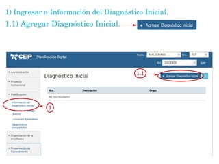 1.1) Agregar Diagnóstico Inicial.  
1) Ingresar a Información del Diagnóstico Inicial.
1
1.1
 