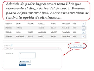 Además de poder ingresar un texto libre que 
represente el diagnóstico del grupo, el Docente 
podrá adjuntar archivos. Sobre estos archivos se 
tendrá la opción de eliminación.   
 