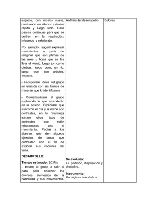 espacio, con música suave, 
caminando en silencio, primero 
rápido y luego lento. Daré 
pausas continuas para que se 
centren en la respiración, 
inhalando y exhalando. 
Por ejemplo: sugerir expresar 
movimientos a partir de 
imaginar que son plumas de 
las aves u hojas que se las 
lleva el viento, luego son como 
piedras, luego como un río, 
luego que son árboles, 
etcétera. 
- Recuperaré ideas del grupo 
en relación con las formas de 
moverse que lo identificaron. 
- Contextualizaré al grupo 
explicando lo que aprenderán 
en la sesión. Explicitaré que 
así como el día y la noche son 
contrastes, en la naturaleza 
existen otros tipos de 
contrastes que están 
relacionados con el 
movimiento. Pediré a los 
alumnos que den algunos 
ejemplos de cosas que 
contrasten con el fin de 
explorar sus nociones del 
tema. 
DESARROLLO: 
Tiempo estimado: 20 Min. 
- Invitaré al grupo a salir al 
patio para observar los 
diversos elementos de la 
naturaleza y sus movimientos. 
Análisis del desempeño. 
Se evaluará: 
La partición, disposición y 
disciplina. 
Instrumento: 
Un registro anecdótico. 
Colores 
 