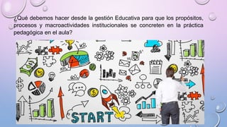 ¿Qué debemos hacer desde la gestión Educativa para que los propósitos,
procesos y macroactividades institucionales se concreten en la práctica
pedagógica en el aula?
 