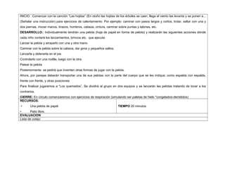 INICIO : Comenzar con la canción “Las hojitas” (En otoño las hojitas de los árboles se caen, llega el viento las levanta y se ponen a...
(Señalar una instrucción) para ejercicios de calentamiento. Por ejemplo: caminar con pasos largos y cortos, trotar, saltar con una y
dos piernas, mover manos, brazos, hombros, cabeza, cintura, caminar sobre puntas y talones, etc.
DESARROLLO:: Individualmente tendrán una pelota (hoja de papel en forma de pelota) y realizarán las siguientes acciones dónde
cada niño contará los lanzamientos, brincos etc. que ejecuta:
Lanzar la pelota y atraparlo con una y otra mano.
Caminar con la pelota sobre la cabeza, dar giros y pequeños saltos.
Lanzarla y detenerla en el pie.
Controlarlo con una rodilla, luego con la otra.
Patear la pelota
Posteriormente se pedirá que inventen otras formas de jugar con la pelota.
Ahora, por parejas deberán transportar una de sus pelotas con la parte del cuerpo que se les indique; como espalda con espalda,
frente con frente, y otras posiciones
Para finalizar jugaremos a “Los quemados”, Se dividirá al grupo en dos equipos y se lanzarán las pelotas tratando de tocar a los
contrarios.
CIERRE: En círculo comenzaremos con ejercicios de respiración (simulando ser paletas de hielo *congelados-derretidos)
RECURSOS:
• Una pelota de papel
• Patio libre.
TIEMPO 20 minutos
EVALUACION
Lista de cotejo
 