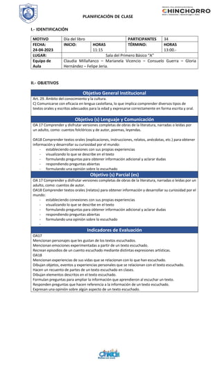 PLANIFICACIÓN DE CLASE
I.- IDENTIFICACIÓN
MOTIVO Día del libro PARTICIPANTES 34
FECHA:
24-04-2023
INICIO: HORAS
11:15
TÉRMINO: HORAS
13:00.-
LUGAR: Sala del Primero Básico “A”
Equipo de
Aula
Claudia Millañanco – Marianela Vicencio – Consuelo Guerra – Gloria
Hernández – Felipe Jeria.
II.- OBJETIVOS
Objetivo General Institucional
Art. 29. Ámbito del conocimiento y la cultura.
C) Comunicarse con eficacia en lengua castellana, lo que implica comprender diversos tipos de
textos orales y escritos adecuados para la edad y expresarse correctamente en forma escrita y oral.
Objetivo (s) Lenguaje y Comunicación
OA 17 Comprender y disfrutar versiones completas de obras de la literatura, narradas o leídas por
un adulto, como: cuentos folclóricos y de autor, poemas, leyendas.
OA18 Comprender textos orales (explicaciones, instrucciones, relatos, anécdotas, etc.) para obtener
información y desarrollar su curiosidad por el mundo:
- estableciendo conexiones con sus propias experiencias
- visualizando lo que se describe en el texto
- formulando preguntas para obtener información adicional y aclarar dudas
- respondiendo preguntas abiertas
- formulando una opinión sobre lo escuchado
Objetivo (s) Parcial (es)
OA 17 Comprender y disfrutar versiones completas de obras de la literatura, narradas o leídas por un
adulto, como: cuentos de autor.
OA18 Comprender textos orales (relatos) para obtener información y desarrollar su curiosidad por el
mundo:
- estableciendo conexiones con sus propias experiencias
- visualizando lo que se describe en el texto
- formulando preguntas para obtener información adicional y aclarar dudas
- respondiendo preguntas abiertas
- formulando una opinión sobre lo escuchado
-
Indicadores de Evaluación
OA17
Mencionan personajes que les gustan de los textos escuchados.
Mencionan emociones experimentadas a partir de un texto escuchado.
Recrean episodios de un cuento escuchado mediante distintas expresiones artísticas.
OA18
Mencionan experiencias de sus vidas que se relacionan con lo que han escuchado.
Dibujan objetos, eventos y experiencias personales que se relacionan con el texto escuchado.
Hacen un recuento de partes de un texto escuchado en clases.
Dibujan elementos descritos en el texto escuchado.
Formulan preguntas para ampliar la información que aprendieron al escuchar un texto.
Responden preguntas que hacen referencia a la información de un texto escuchado.
Expresan una opinión sobre algún aspecto de un texto escuchado.
 