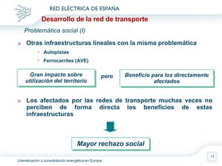 Otras infraestructuras lineales con la misma problemática Autopistas Ferrocarriles (AVE) Los afectados por las redes de transporte muchas veces no perciben de forma directa los beneficios de estas infraestructuras Gran impacto sobre utilización del territorio Beneficio para los directamente afectados pero Problemática social (I) Mayor rechazo social Desarrollo de la red de transporte 