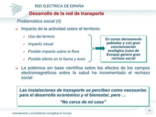 Impacto de la actividad sobre el territorio: Uso del terreno Impacto visual Posible impacto sobre la flora Posible efecto en la fauna y aves La polémica sin base científica sobre los efectos de los campos electromagnéticos sobre la salud ha incrementado el rechazo social Problemática social (II) En zonas densamente pobladas y con gran concienciación ecológica (caso de Europa) genera gran rechazo social Las instalaciones de transporte se perciben como necesarias para el desarrollo económico y el bienestar, pero … “ No cerca de mi casa” Desarrollo de la red de transporte 