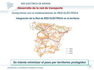 Integración de la Red de RED ELÉCTRICA en el territorio Se intenta minimizar el paso por territorios protegidos Compromiso con el medioambiente de RED ELÉCTRICA Desarrollo de la red de transporte 