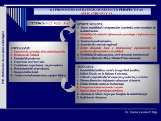 6.1 PROPÓSITOS ESTRATÉGICOS RESPECTO PERSPECTIVAS
                                                                                            APLICANDO FO Y FA


                                                         TENEMOS: F:1,2 O:2,5 A: 6,7        OPORTUNIDADES:
                                                                                            1. Mayor estabilidad y recuperación económica como resultado de
                                                                                               la dolarización.
PO1. Definición de un plan estratégico




                                                                                            2. Posibilidad de adquirir información, tecnología e infraestructura
                                                                                               necesaria.
                                                                                            3. Tendencia modernizadora.
                                                                                            4. Acuerdos de comercio regional.
                                         FORTALEZAS:                                        5. Existe demanda local e internacional especialmente de
                                         1. Experiencia y prestigio de la administración.      productos diferenciados y de calidad.
                                         2. Productos de Calidad.                           6. Posibilidad de alianzas para cubrir demanda internacional
                                         3. Variedad de productos.                          7. Acceso a Mano de Obra y Materia Prima adecuada.
                                         4. Trayectoria en el mercado.
                                         5. Condiciones negociación con proveedores.
                                                                                            AMENAZAS:
                                         6. Posicionamiento de productos.
                                                                                            1. Inestabilidad política, social e inseguridad jurídica.
                                         7. Imagen institucional.
                                                                                            2. Déficit Fiscal y en la Balanza Comercial.
                                         8. Contar con infraestructura y equipos básico.
                                                                                            3. Falta de competitividad de empresas, productos y servicios.
                                                                                            4. Sistema financiero deficiente y altas tasas de interés.
                                                                                            5. Estado traslada costos de ineficiencia.
                                                                                            6. Competencia internacional creciente.
                                                                                            7. Ingreso ilegal de productos similares.
                                                                                            8. Ausencia de Marco Legal que beneficie la industrial legal
                                                                                            9. Ineficiencia Aduanera.



                                                                                                                                      Dr.. Carlos Escobar P, Mgs

                                            Dr. Mgs. Carlos
 