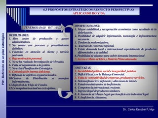 6.3 PROPÓSITOS ESTRATÉGICOS RESPECTO PERSPECTIVAS
                                                                                     APLICANDO DO Y DA



                                                                                           OPORTUNIDADES:
                                                    TENEMOS: D:4,8 O:7 A: 1,3
                                                                                           1. Mayor estabilidad y recuperación económica como resultado de la
                                                                                              dolarización.
PO1. Definición de un plan estratégico




                                         DEBILIDADES:                                      2. Posibilidad de adquirir información, tecnología e infraestructura
                                         1. Altos costos de producción y gastos               necesaria.
                                            administrativos.                               3. Tendencia modernizadora.
                                         2. No contar con procesos y procedimientos        4. Acuerdos de comercio regional.
                                            definidos.                                     5. Existe demanda local e internacional especialmente de productos
                                         3. Falencias en atención al cliente y servicio       diferenciados y de calidad.
                                            postventa                                      6. Posibilidad de alianzas para cubrir demanda internacional
                                         4. Baja motivación personal.                      7. Acceso a Mano de Obra y Materia Prima adecuada.
                                         5. No se ha realizado Investigación de Mercado.
                                         6. Falta de seguimiento a la gestión.
                                         7. No existe Planificación Estratégica.           AMENAZAS:
                                         8. Comunicación interna deficiente.               1. Inestabilidad política, social e inseguridad jurídica.
                                         9. Difusión de objetivos organizacionales.        2. Déficit Fiscal y en la Balanza Comercial.
                                         10.Centros de Distribución se manejan             3. Falta de competitividad de empresas, productos y servicios.
                                            informalmente.                                 4. Sistema financiero deficiente y altas tasas de interés.
                                         11.Bajo nivel de Flujo de Fondos.                 5. Estado traslada costos de ineficiencia.
                                         12.La maquinaria actual no es la óptima.          6. Competencia internacional creciente.
                                                                                           7. Ingreso ilegal de productos similares.
                                                                                           8. 8. Ausencia de Marco Legal que beneficie a la industrial legal.
                                                                                           9. 9. Ineficiencia Aduanera.


                                                                                                                                     Dr.. Carlos Escobar P, Mgs
                                            Dr. Mgs. Carlos
 