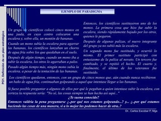 EJEMPLO DE PARADIGMA


                                                                                            Entonces, los científicos sustituyeron uno de los
                                                                                            monos. La primera cosa que hizo fue subir la
                                         Un grupo de científicos colocó cinco monos en
                                                                                            escalera, siendo rápidamente bajado por los otros,
PO1. Definición de un plan estratégico




                                         una jaula, en cuyo centro colocaron una
                                                                                            quienes le pegaron.
                                         escalera y, sobre ella, un montón de bananas.
                                                                                            Después de algunas palizas, el nuevo integrante
                                         Cuando un mono subía la escalera para agarrar
                                                                                            del grupo ya no subió más la escalera.
                                         las bananas, los científicos lanzaban un chorro
                                         de agua fría sobre los que quedaban en el suelo.   Un segundo mono fue sustituido, y ocurrió lo
                                                                                            mismo. El primer sustituto participó con
                                         Después de algún tiempo, cuando un mono iba a
                                                                                            entusiasmo de la paliza al novato. Un tercero fue
                                         subir la escalera, los otros lo agarraban a palos.
                                                                                            cambiado, y se repitió el hecho. El cuarto y,
                                         Pasado algún tiempo más, ningún mono subía la finalmente, el último de los veteranos fue
                                         escalera, a pesar de la tentación de las bananas. sustituido.
                                          Los científicos quedaron, entonces, con un grupo de cinco monos que, aún cuando nunca recibieron
                                          un baño de agua fría, continuaban golpeando a aquel que intentase llegar a las bananas.
                                         Si fuese posible preguntar a algunos de ellos por qué le pegaban a quien intentase subir la escalera, con
                                         certeza la respuesta sería: "No sé, las cosas siempre se han hecho así aquí..."
                                                                                    ¿Te suena conocido?
                                         Entonces valdría la pena preguntarse ¿..por qué nos estamos golpeando...? y... ¿..por qué estamos
                                         haciendo las cosas de una manera, si a lo mejor las podemos hacer de otra..?
                                                                                                                          Dr.. Carlos Escobar P, Mgs
 