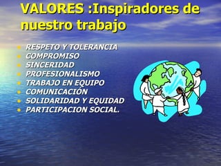 VALORES :Inspiradores de
nuestro trabajo
•   RESPETO Y TOLERANCIA
•   COMPROMISO
•   SINCERIDAD
•   PROFESIONALISMO
•   TRABAJO EN EQUIPO
•   COMUNICACIÓN
•   SOLIDARIDAD Y EQUIDAD
•   PARTICIPACION SOCIAL.
 