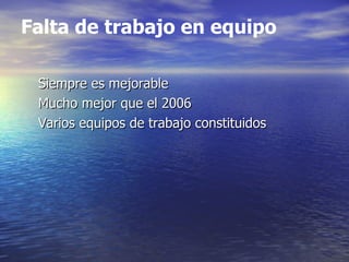 Falta de trabajo en equipo

 Siempre es mejorable
 Mucho mejor que el 2006
 Varios equipos de trabajo constituidos
 