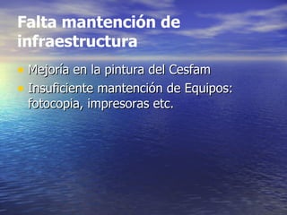 Falta mantención de
infraestructura
• Mejoría en la pintura del Cesfam
• Insuficiente mantención de Equipos:
 fotocopia, impresoras etc.
 
