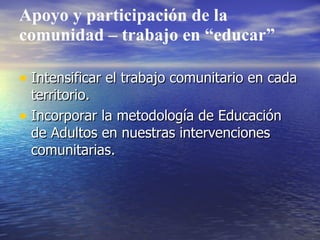 Apoyo y participación de la
comunidad – trabajo en “educar”

• Intensificar el trabajo comunitario en cada
  territorio.
• Incorporar la metodología de Educación
  de Adultos en nuestras intervenciones
  comunitarias.
 