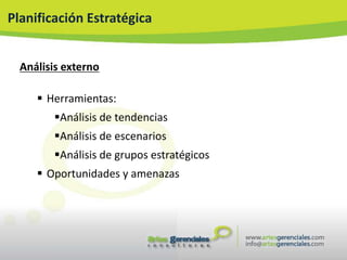 Planificación Estratégica


  Análisis externo

      Herramientas:
        Análisis de tendencias
        Análisis de escenarios
        Análisis de grupos estratégicos
      Oportunidades y amenazas
 
