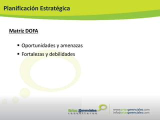 Planificación Estratégica


  Matriz DOFA

      Oportunidades y amenazas
      Fortalezas y debilidades
 