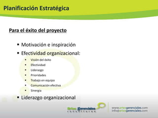 Planificación Estratégica


  Para el éxito del proyecto

      Motivación e inspiración
      Efectividad organizacional:
            Visión del éxito
            Efectividad
            Liderazgo
            Prioridades
            Trabajo en equipo
            Comunicación efectiva
            Sinergia

      Liderazgo organizacional
 