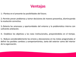 Ventajas 
1.- Plantea en el presente las posibilidades del futuro. 
2.-Permite prever problemas y tomar decisiones de manera preventiva, disminuyendo 
la resolución correctiva. 
3.-Detecta las amenazas y oportunidades del entorno y la problemática interna con 
suficiente antelación. 
4.- Establece los objetivos y las rutas institucionales, proyectándolos en el tiempo. 
5.- Reduce considerablemente los errores y desviaciones en las metas programadas al 
definir los posibles cambios y comportamientos, tanto del exterior como del interior 
de la organización. 
 