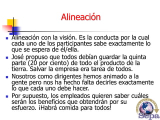  Alineación con la visión. Es la conducta por la cual
cada uno de los participantes sabe exactamente lo
que se espera de él/ella.
 José propuso que todos debían guardar la quinta
parte (20 por ciento) de todo el producto de la
tierra. Salvar la empresa era tarea de todos.
 Nosotros como dirigentes hemos animado a la
gente pero nos ha hecho falta decirles exactamente
lo que cada uno debe hacer.
 Por supuesto, los empleados quieren saber cuáles
serán los beneficios que obtendrán por su
esfuerzo. ¡Habrá comida para todos!
Alineación
 