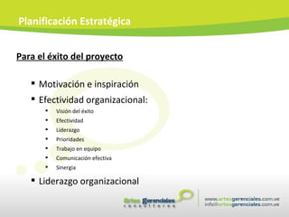 Para el éxito del proyecto Motivación e inspiración Efectividad organizacional:  Visión del éxito Efectividad Liderazgo Prioridades Trabajo en equipo Comunicación efectiva Sinergia Liderazgo organizacional  Planificación Estratégica 