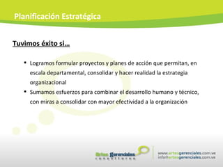 Tuvimos éxito si… Logramos formular proyectos y planes de acción que permitan, en escala departamental, consolidar y hacer realidad la estrategia organizacional Sumamos esfuerzos para combinar el desarrollo humano y técnico, con miras a consolidar con mayor efectividad a la organización Planificación Estratégica 