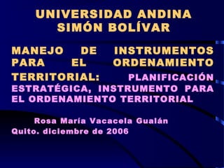 UNIVERSIDAD ANDINA 
SIMÓN BOLÍVAR 
MANEJO DE INSTRUMENTOS 
PARA EL ORDENAMIENTO 
TERRITORIAL: PLANIFICACIÓN 
ESTRATÉGICA, INSTRUMENTO PARA 
EL ORDENAMIENTO TERRITORIAL 
Rosa María Vacacela Gualán 
Quito. diciembre de 2006 
 