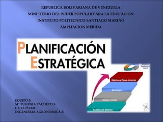 REPUBLICA BOLIVARIANA DE VENEZUELA
MINISTERIO DEL PODER POPULAR PARA LA EDUCACION
INSTITUTO POLITECNICO SANTIAGO MARIÑO
AMPLIACION MERIDA
EQUIPO 5:
Mª EUGENIA PACHECO S
C.I: 15.753.849
INGENIERIA AGRONOMICA 51
 