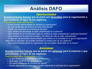 Análisis DAFO
                                     Oportunidades
Acontecimientos futuros que se prevé son favorables para ...