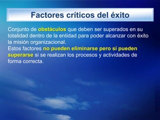 Factores críticos del éxito
Conjunto de obstáculos que deben ser superados en su
totalidad dentro de la entidad para poder...
